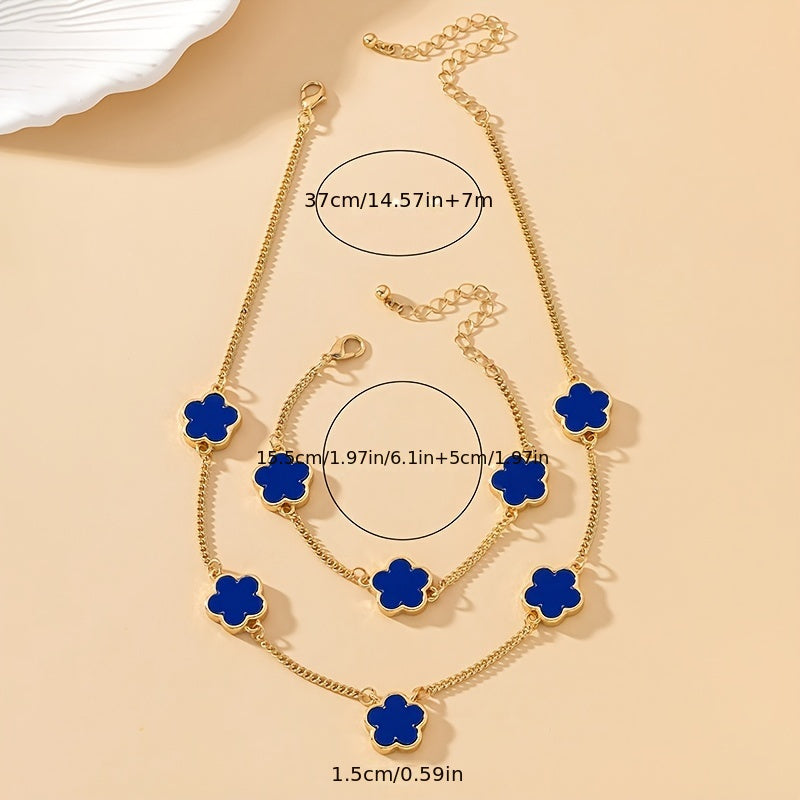 Blue Necklace + Bracelet Chic Jewelry Set Trendy Lucky Flower Design