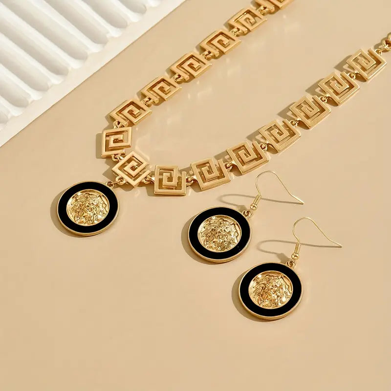 1set Fashionable Classic Necklace And Earrings Set, Enamel Glaze Lion Head Great Wall Pattern Chain Jewelry