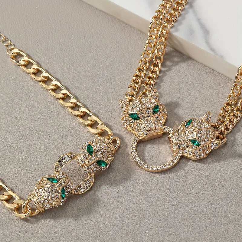 2pcs/set Trendy Hip-hop Style Inlaid Rhinestones Necklace And Bracelet Set, Double-layer Chain Set