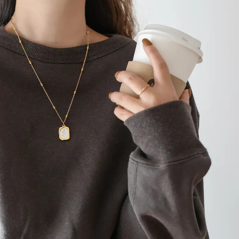 Stainless Steel Magic Mirror Rose Necklace Vintage Relief Square Pendant