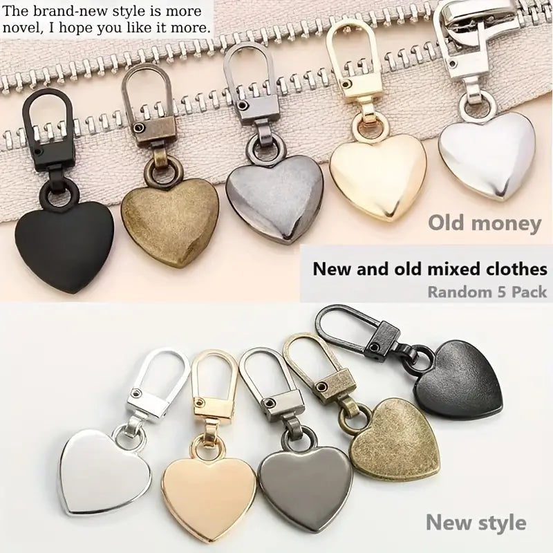 5pcs Heart Shape Semi-Automatic Head Pull Piece Detachable Zipper