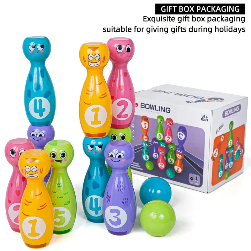 Children's Bowling Toy Set With Cartoon Fun Expressions 10 Bottles And 2 Balls