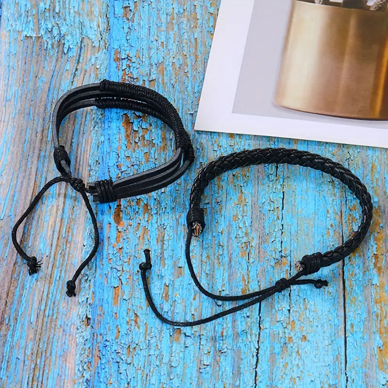 4pcs Möbius Strip Men's Pu Leather Bracelet, Vintage Beads Leather Multi