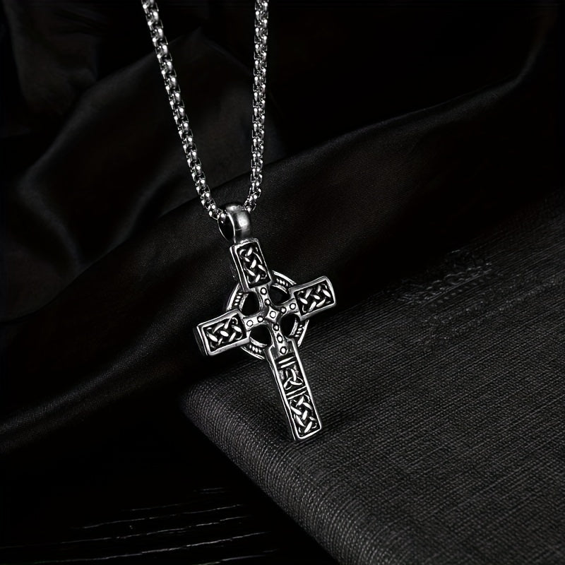 1pc Men's Vintage Viking Celtic Knot Stripe Cross Pendant Necklace
