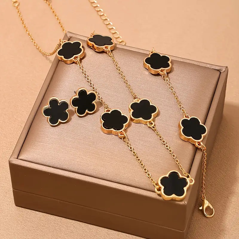 4pcs Ear Studs + Necklace + Bracelet Chic Jewelry Set Trendy Lucky Flower Design Black
