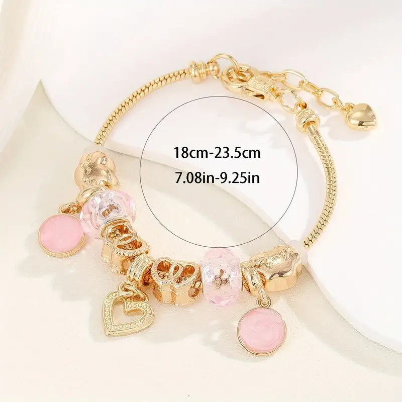 Hollow Out Love Heart Pendant Chain Bracelet With Rhinestone Beads Elegant Copper Hand Jewelry
