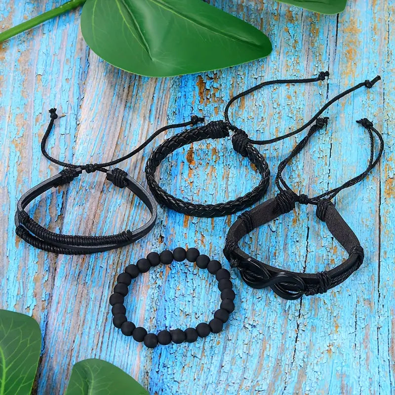 4pcs Möbius Strip Men's Pu Leather Bracelet, Vintage Beads Leather Multi