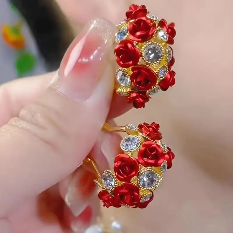 Exquisite Hoop Earrings Zinc Alloy Jewelry Embellished With Colorful Flower Zirconia