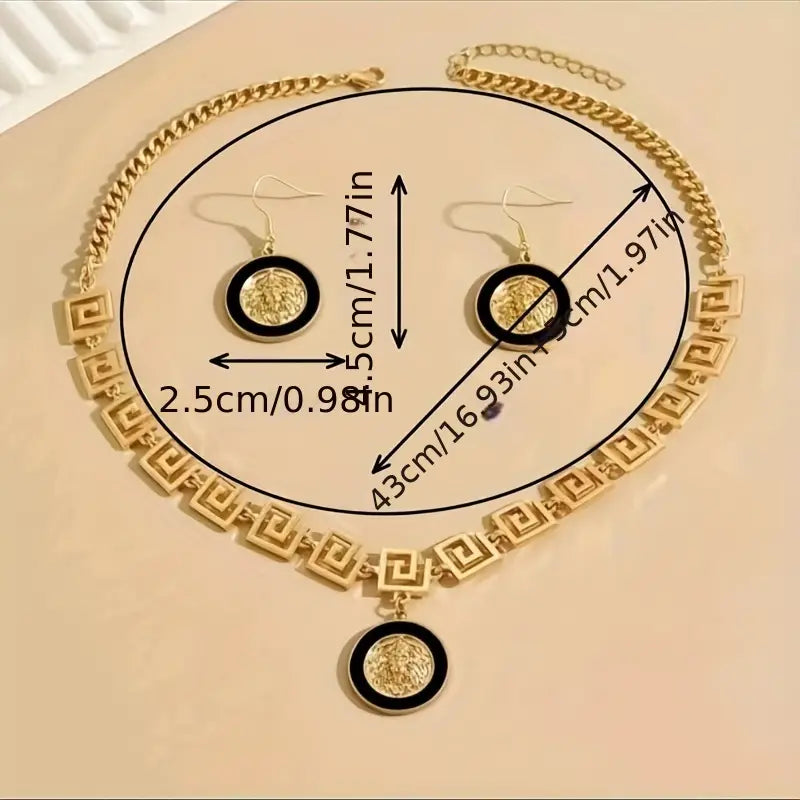 1set Fashionable Classic Necklace And Earrings Set, Enamel Glaze Lion Head Great Wall Pattern Chain Jewelry