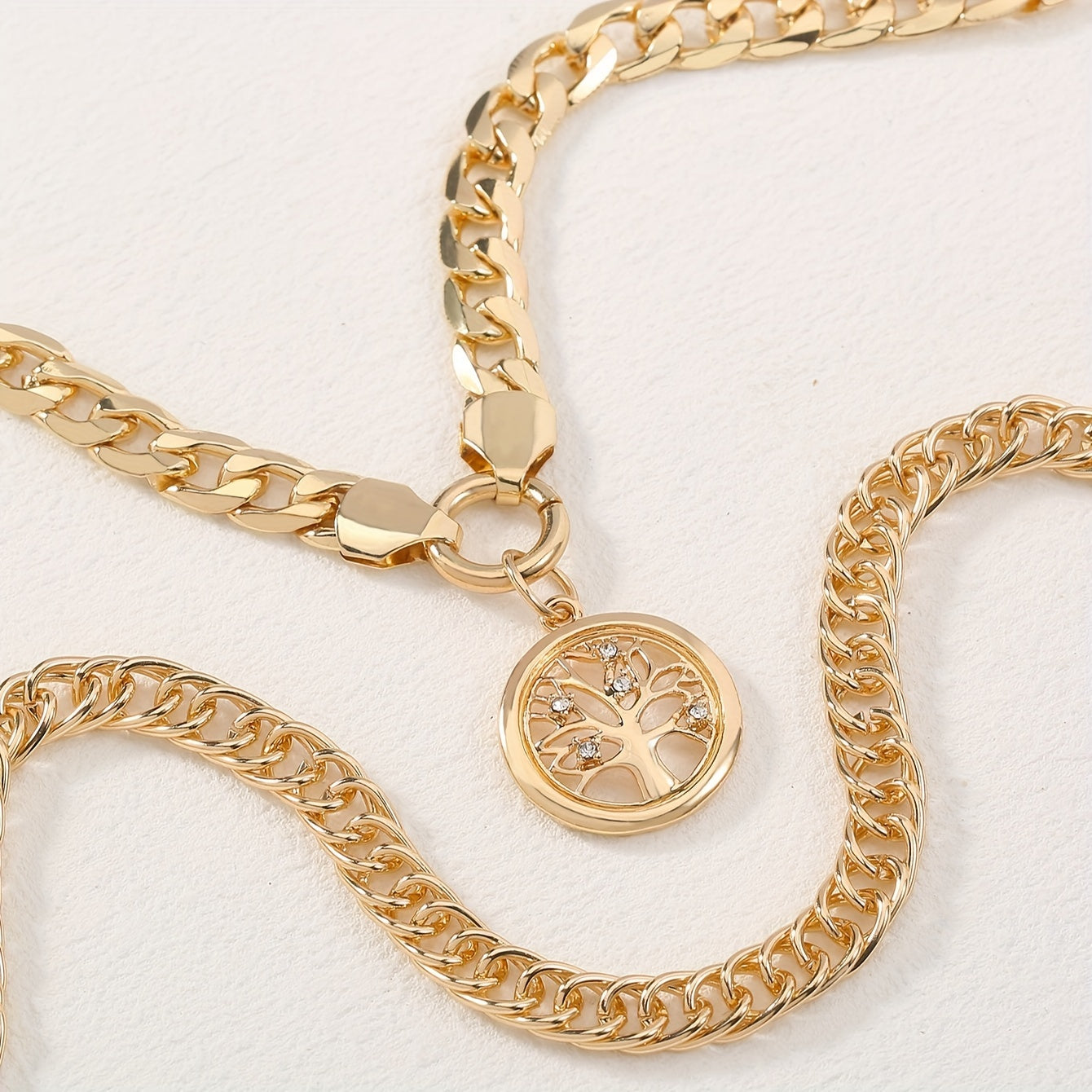 2pcs/set Layered Necklace, Classic Retro Life Tree Pattern Round Pendant Necklace, Chunky Cuban Link Chain Necklace Trendy Vacation Neck Jewelry