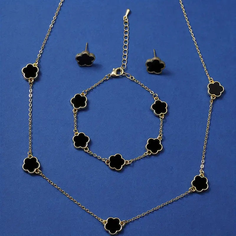 4pcs Ear Studs + Necklace + Bracelet Chic Jewelry Set Trendy Lucky Flower Design Black