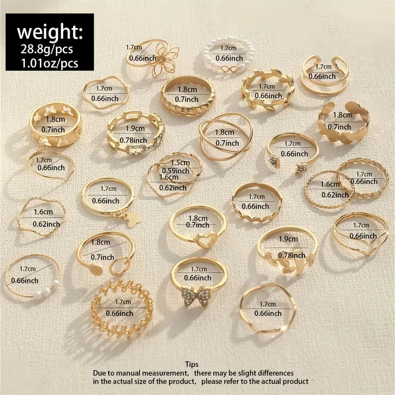 27pcs Y2k Style Stacking Rings Trendy Butterfly/ Heart/ Wave Design Inlaid Rhinestone