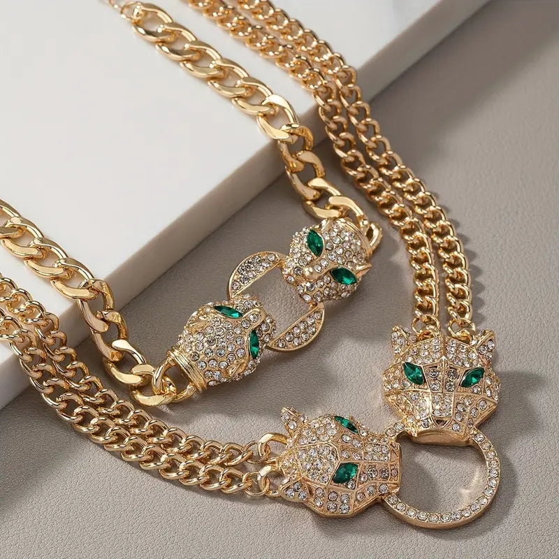 2pcs/set Trendy Hip-hop Style Inlaid Rhinestones Necklace And Bracelet Set, Double-layer Chain Set