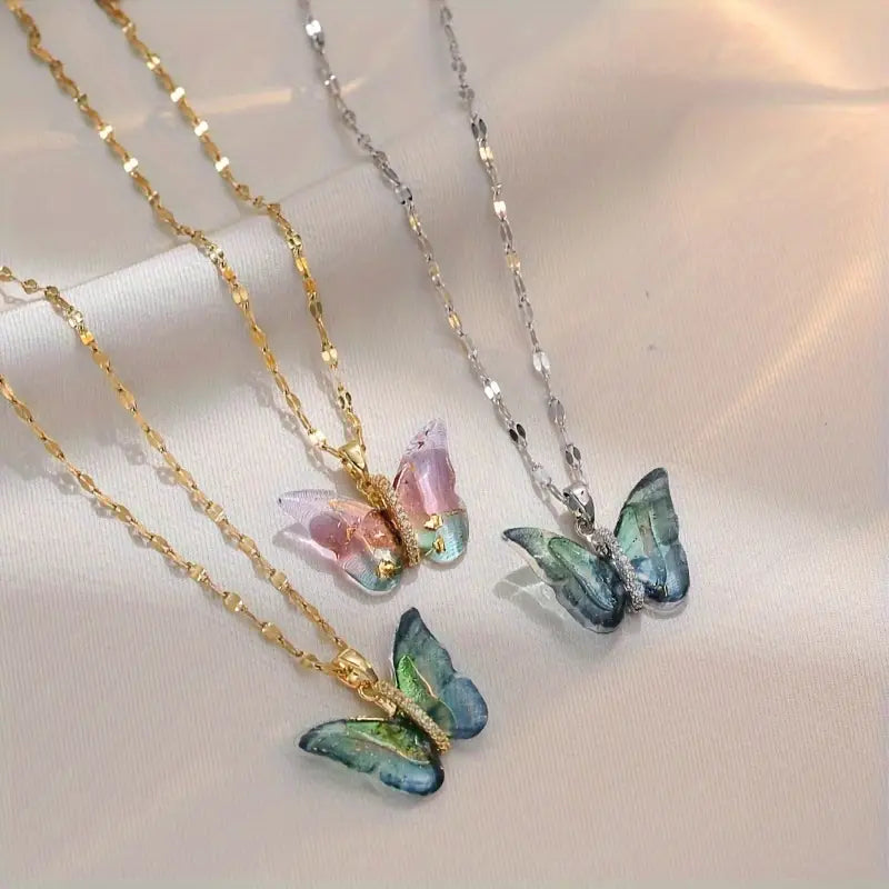 Gorgeous Colorful Butterfly Zircon Copper Pendant Necklace