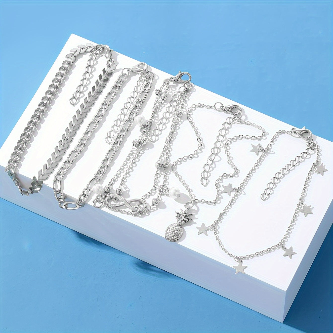 5Pcs/Set Vintage Golden Silvery Boho Metal Imitation Pearl Pineapple Star Multi-layer Chain