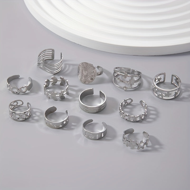 12pcs/set Monochrome Rings Personalized Creative Leaf Love Heart Moon Star Finger Rings