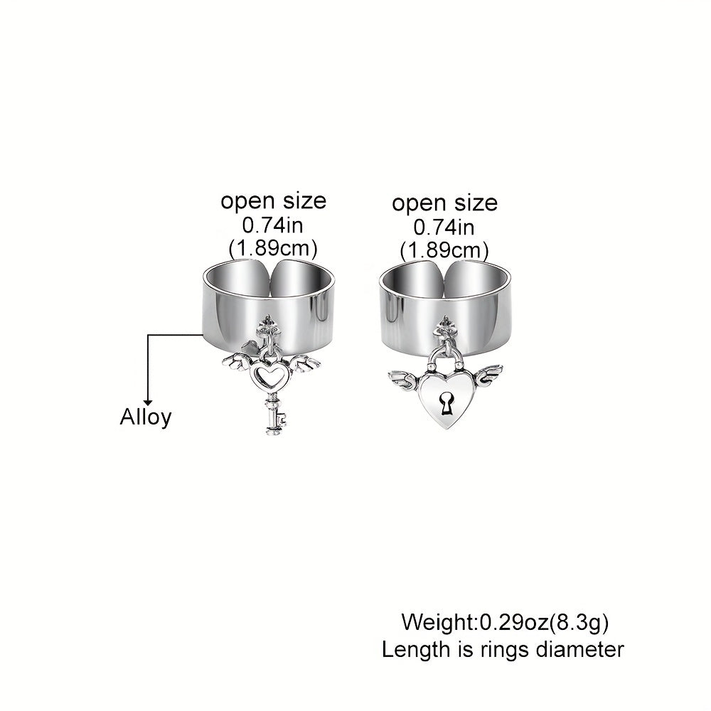2pcs Fashion Wide Ring With Cute Key/ Lock Pendant Adjustable Cuff Ring
