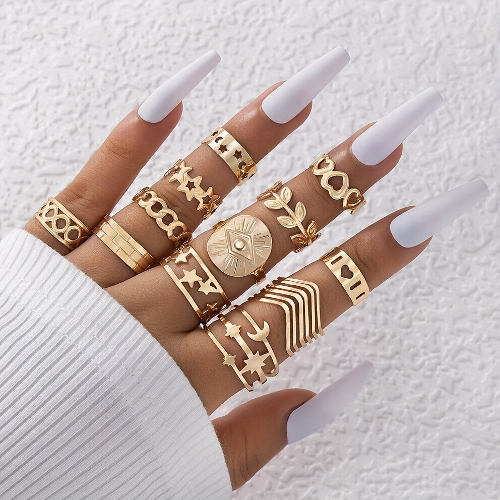 12pcs/set Monochrome Rings Personalized Creative Leaf Love Heart Moon Star Finger Rings