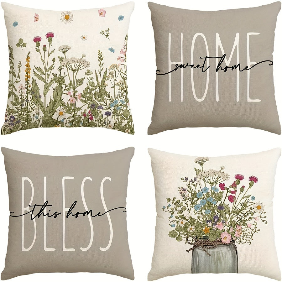4pcs Spring Wildflowers Home Sweet Home Throw Pillow Covers, 45.72x45.72 Cm