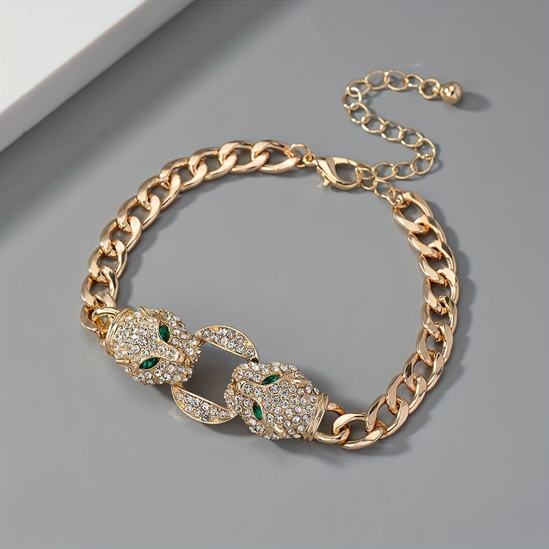 Double Leopard Head Cuban Chain Bracelet Hip Hop Style Zinc Alloy Hand Chain Animal Theme Party Favors