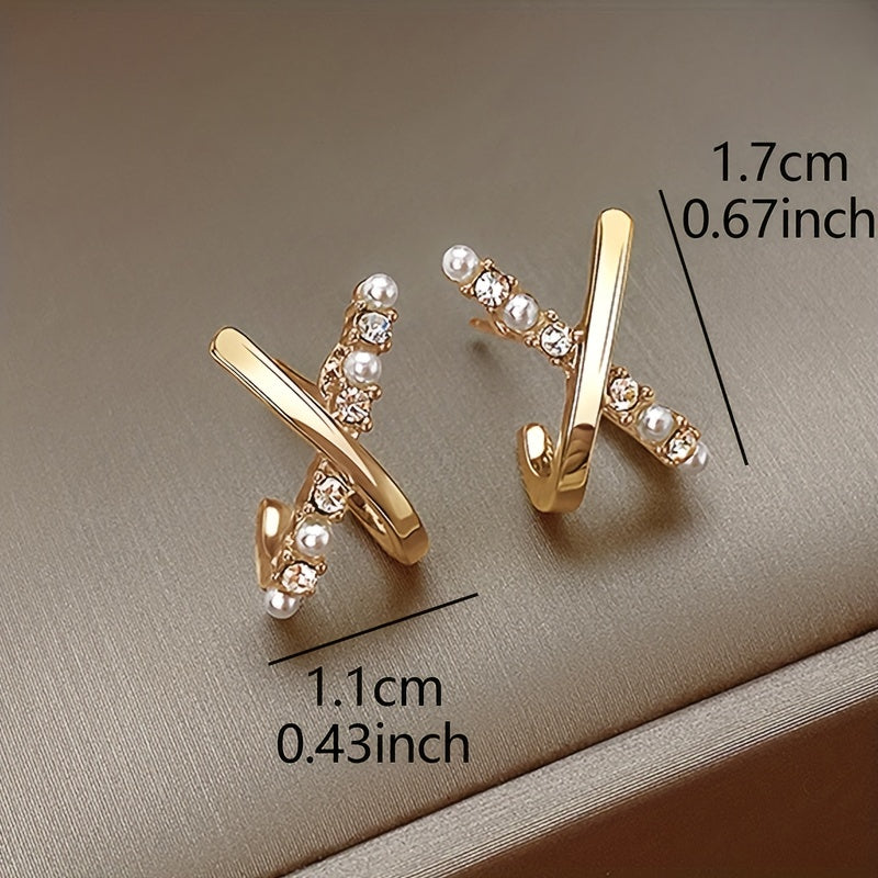 Tiny Delicate X Design Stud Earrings Zinc Alloy Jewelry Embellished With Imitation Pearl Elegant Simple Style For Women Daily Casual