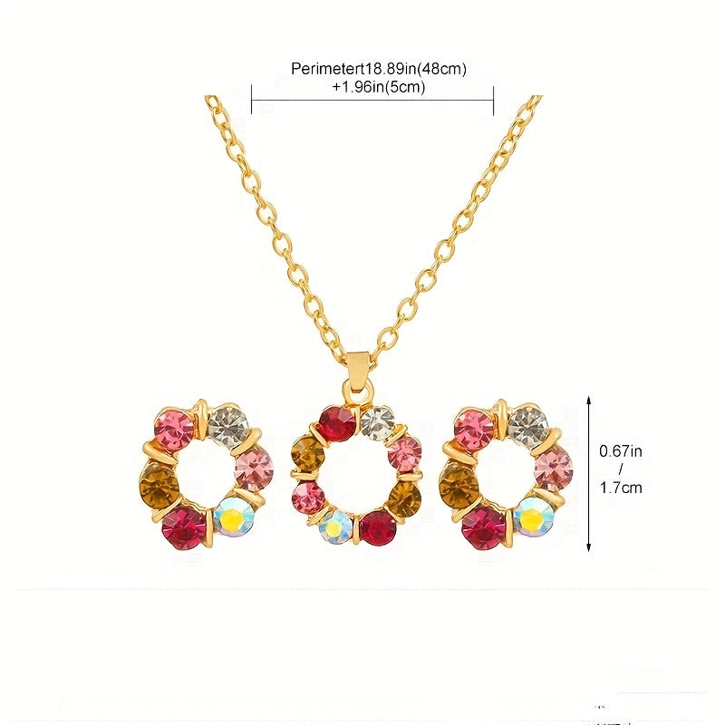 3pcs Earrings Plus Necklace Dainty Jewelry Set 14k Plated Inlaid Rhinestone