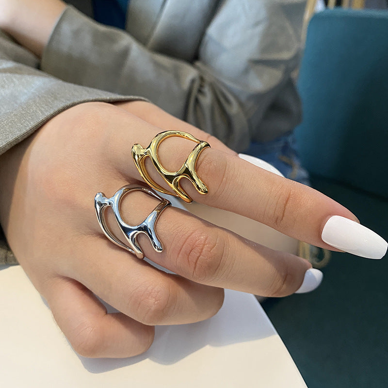 1pc Chic Ring Irregular Geometric Design Golden Or Silvery Make Your Call Suitable For Men And Women Match Daily Outfits
