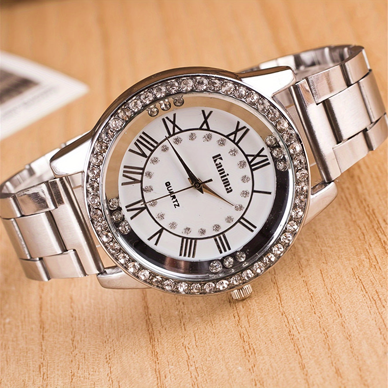 Fashion Rhinestone Stainless Steel Strap Quartz Wrist Watch & Bracelet Set