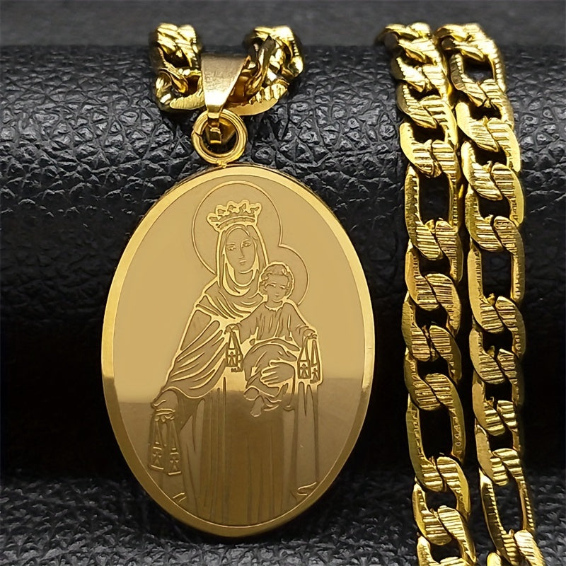 Classic Virgin Mary Pendant Necklace, Stainless Steel Golden Plated