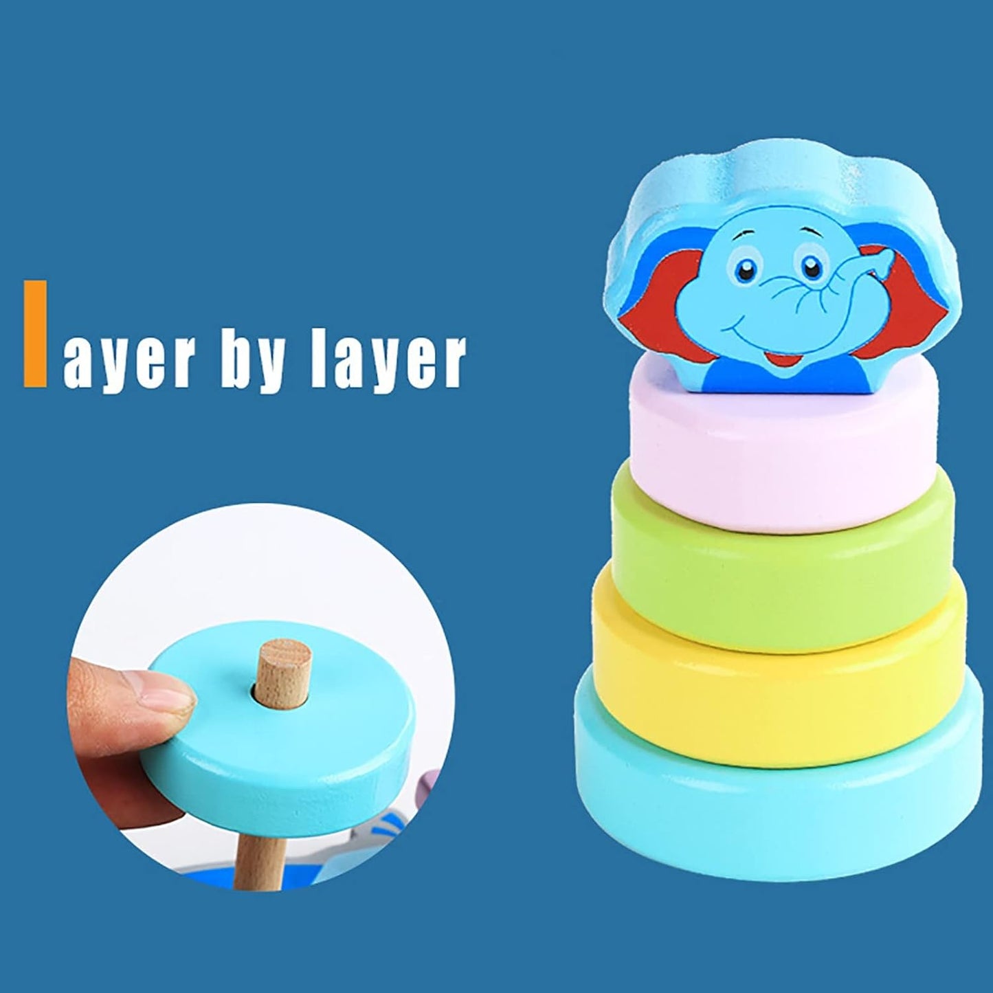 Wooden Five Sets Of Columns Two In One Cartoon Elephant Shaped Sets Of Columns Wooden Early Education Educational Toys Kids for Girls (Sky Blue, One Size)