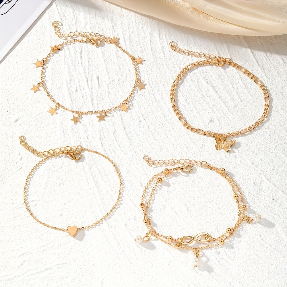 4pcs Stackable Thin Chain Anklet Set With Butterfly Infinity Symbol Shape Beads Stackable Ankle Bracelet Set