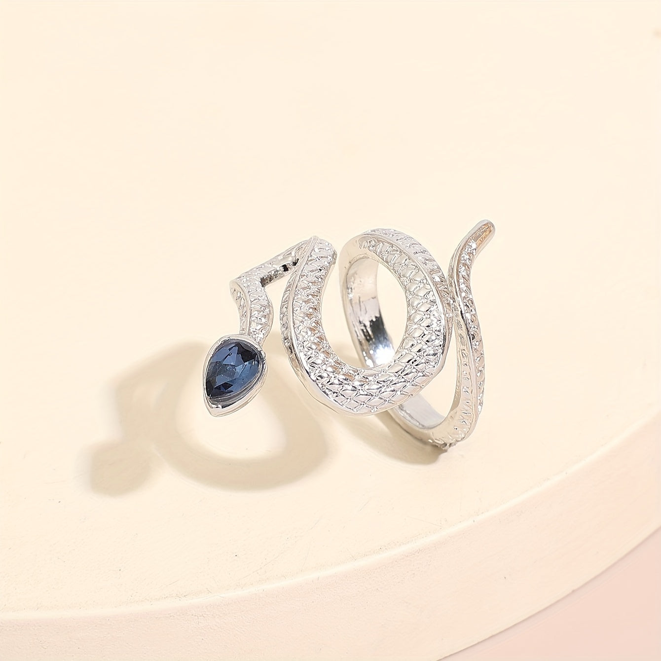 Punk Style Wrap Ring Trendy Snake Design Paved Blue Rhinestone Silver Plated