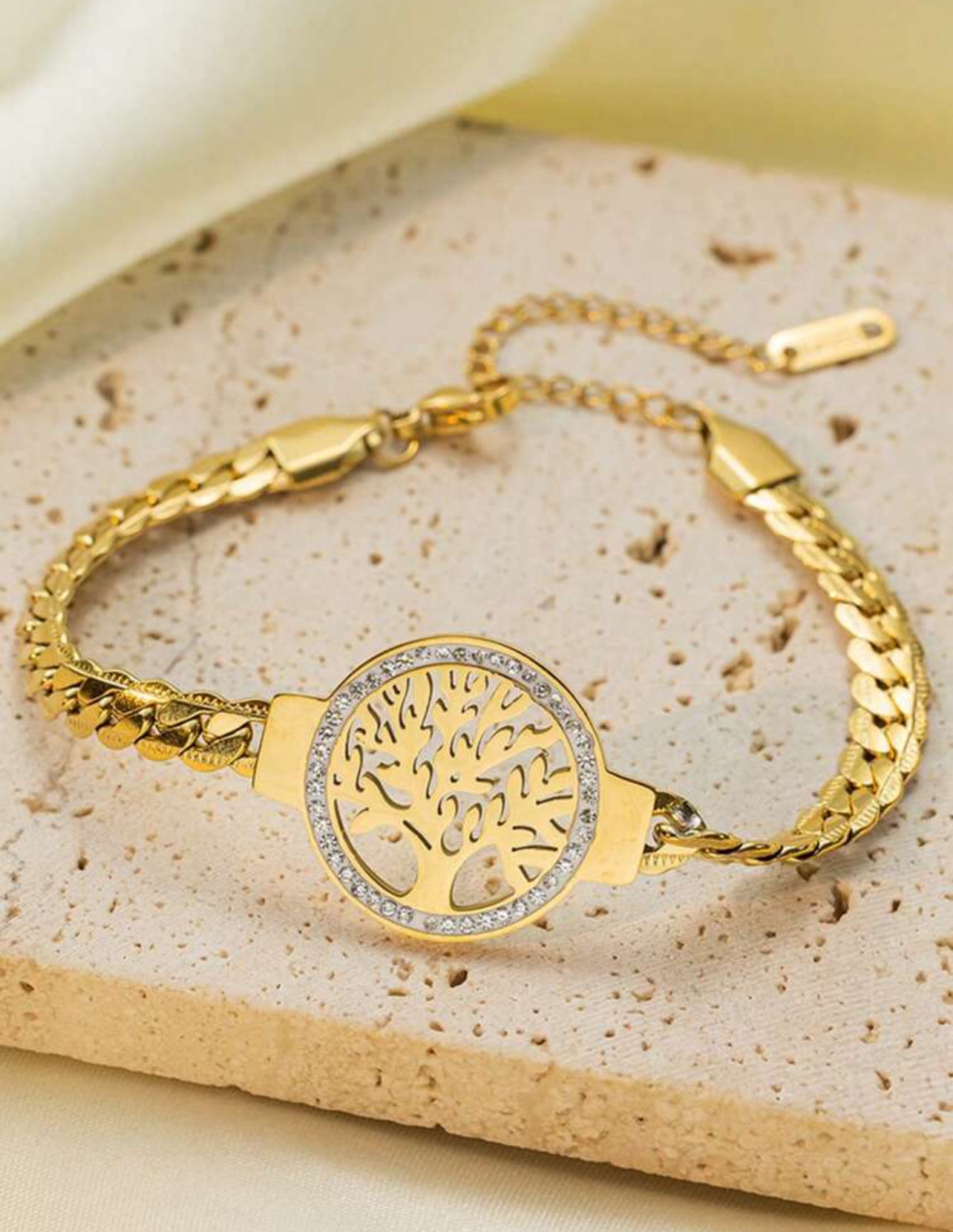 1pc Adjustable Titanium Steel Bracelet, Gold Stainless Steel Tree Of Life chain Bracelet