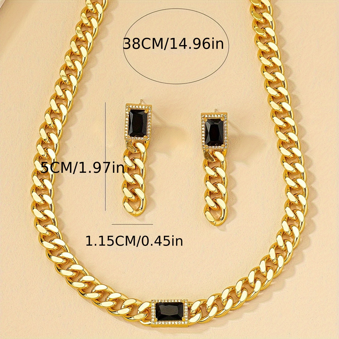 1 Pair Of Earrings + 1 Necklace Punk Style Jewelry Set 14k Plated Black Geometry + Chain Design Or Silvery Make Your Call