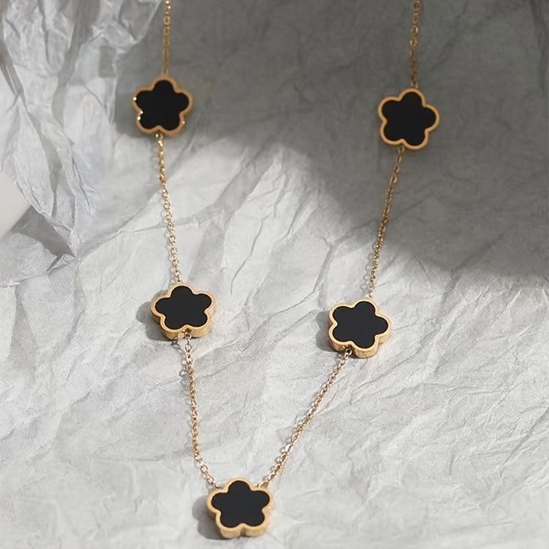 Black Niche Design Five Petals Flower Long Sweater Chain Necklace Autumn And Winter Decor Jewelry Gift
