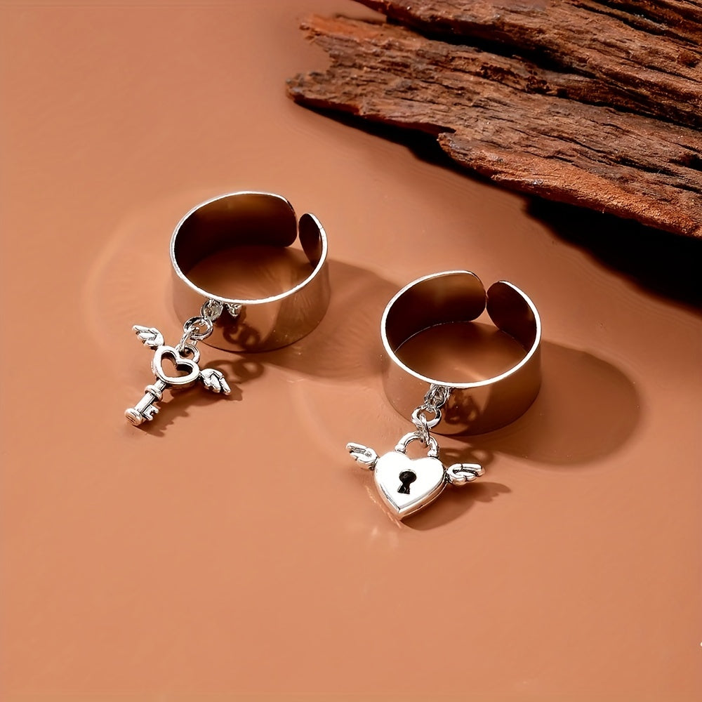 2pcs Fashion Wide Ring With Cute Key/ Lock Pendant Adjustable Cuff Ring