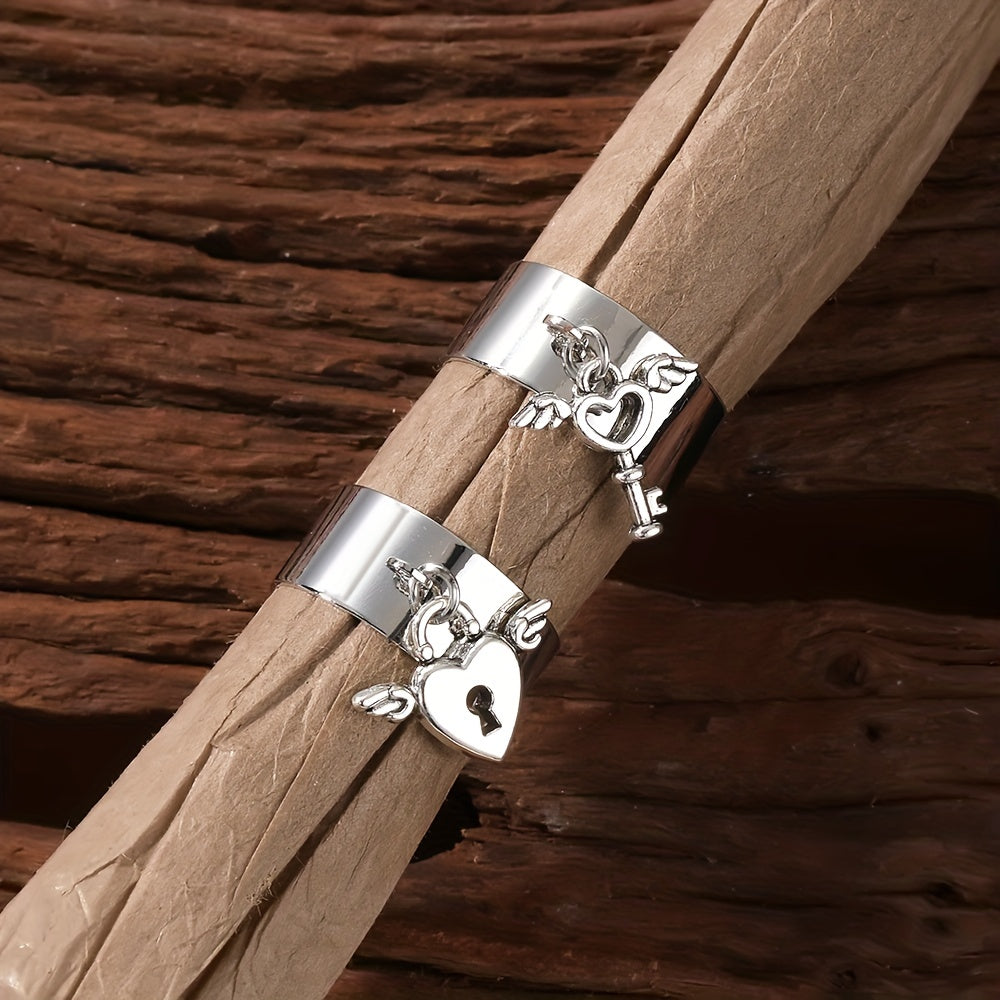 2pcs Fashion Wide Ring With Cute Key/ Lock Pendant Adjustable Cuff Ring