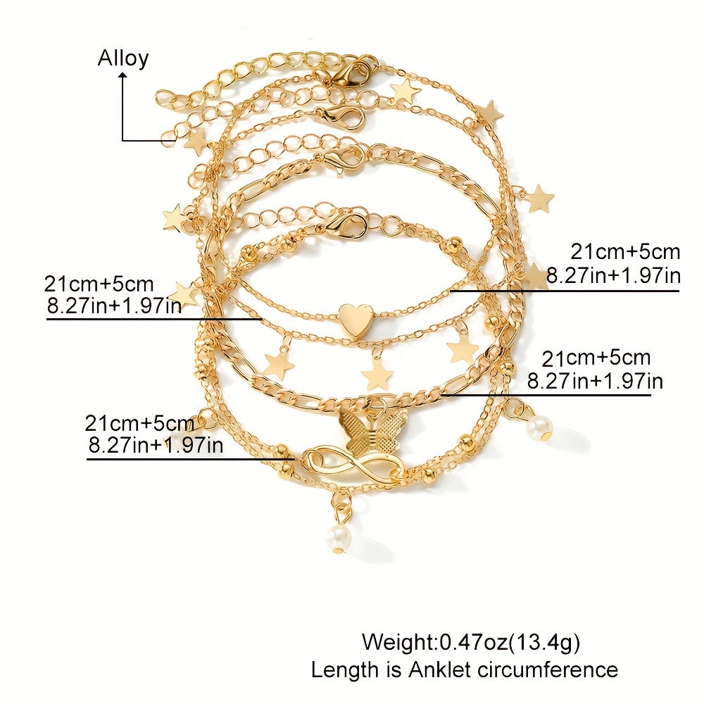 4pcs Stackable Thin Chain Anklet Set With Butterfly Infinity Symbol Shape Beads Stackable Ankle Bracelet Set