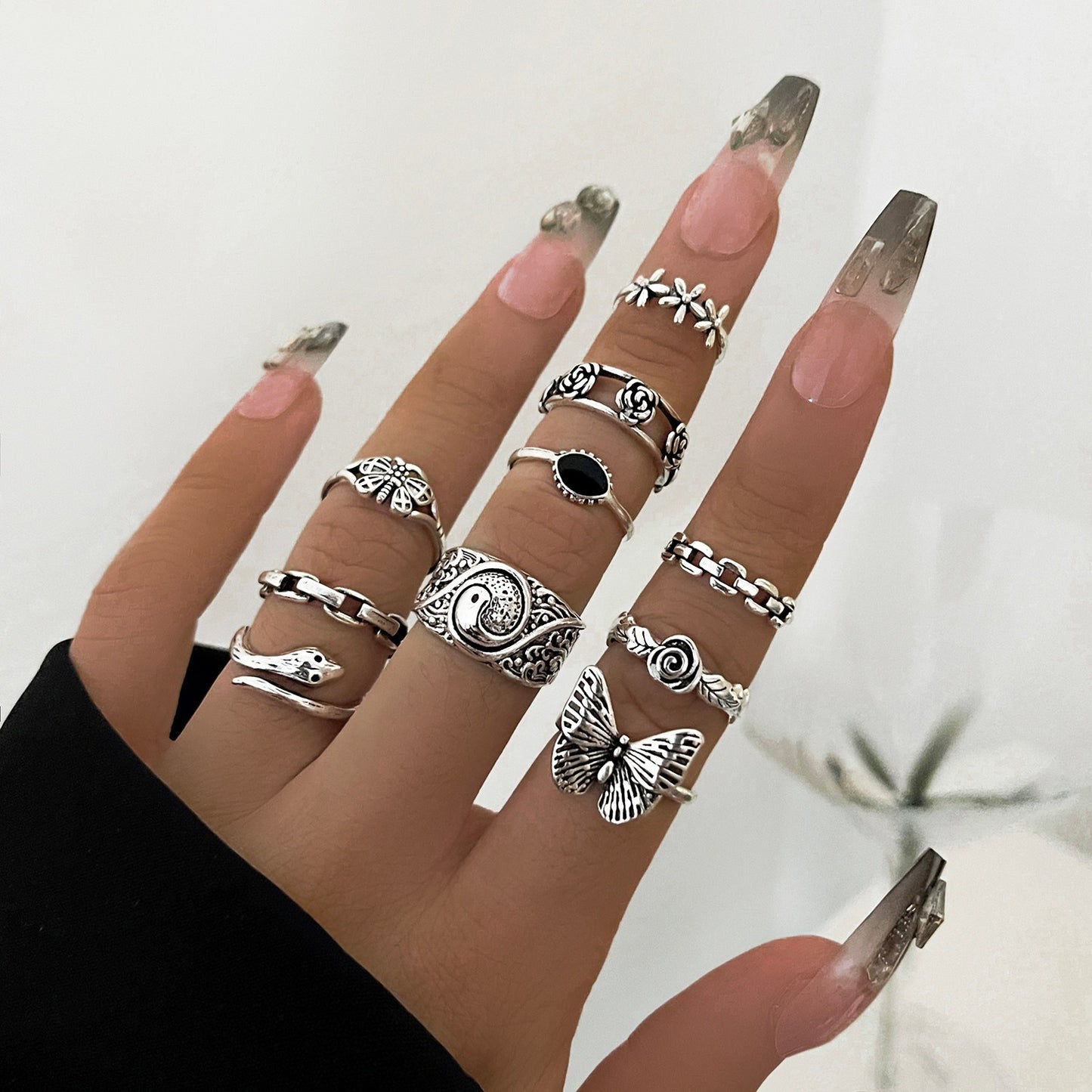 10 pcs-Vintage Butterfly Snake Flower Chain Eye 10 Piece Rings