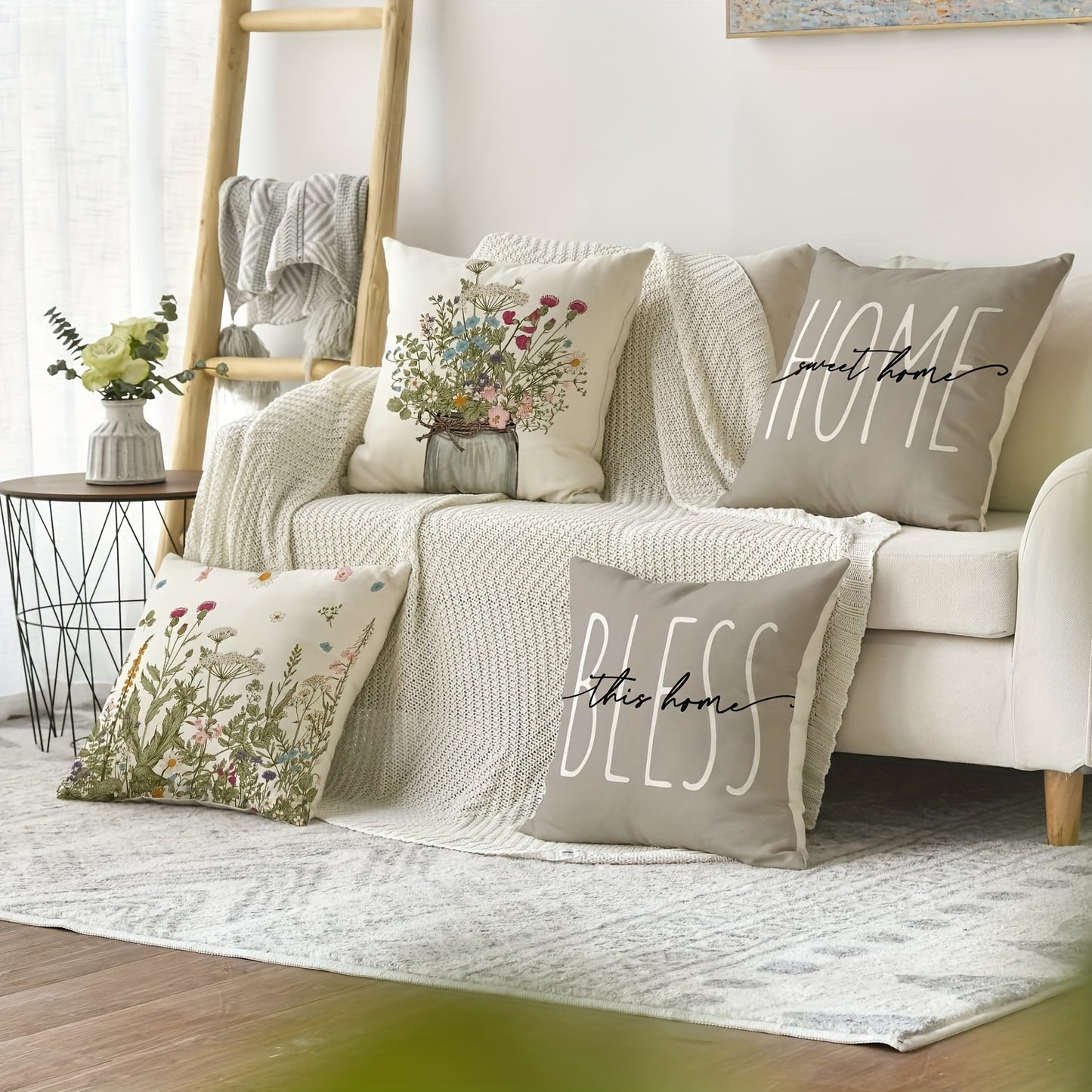 4pcs Spring Wildflowers Home Sweet Home Throw Pillow Covers, 45.72x45.72 Cm