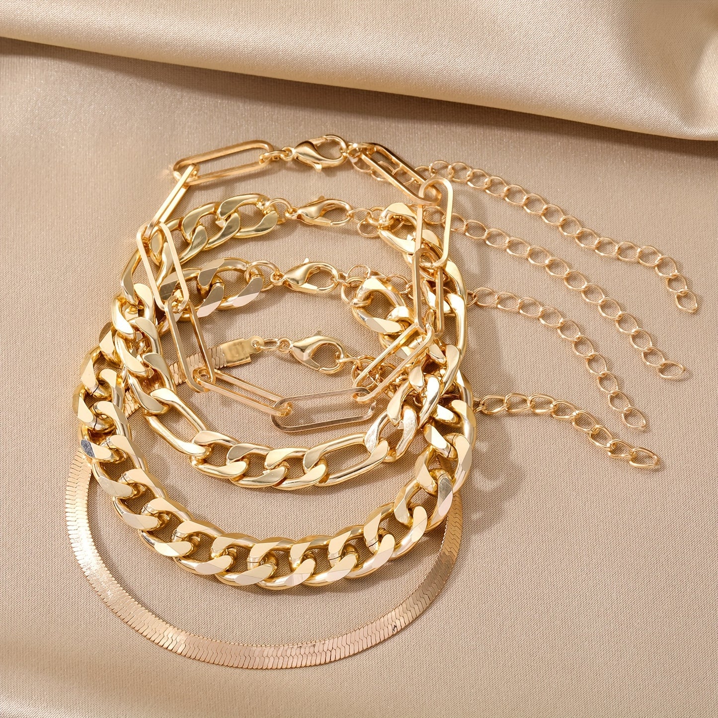 4pcs/set Vintage Simple Cuban Chain Bracelet Golden Classic Snake Chain Bracelet Women's Jewelry