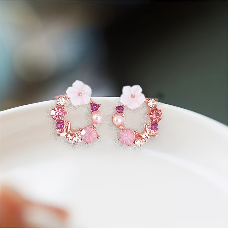 Elegant Faux Pearl Flower Stud Earrings Sweet Coquette Style Jewelry