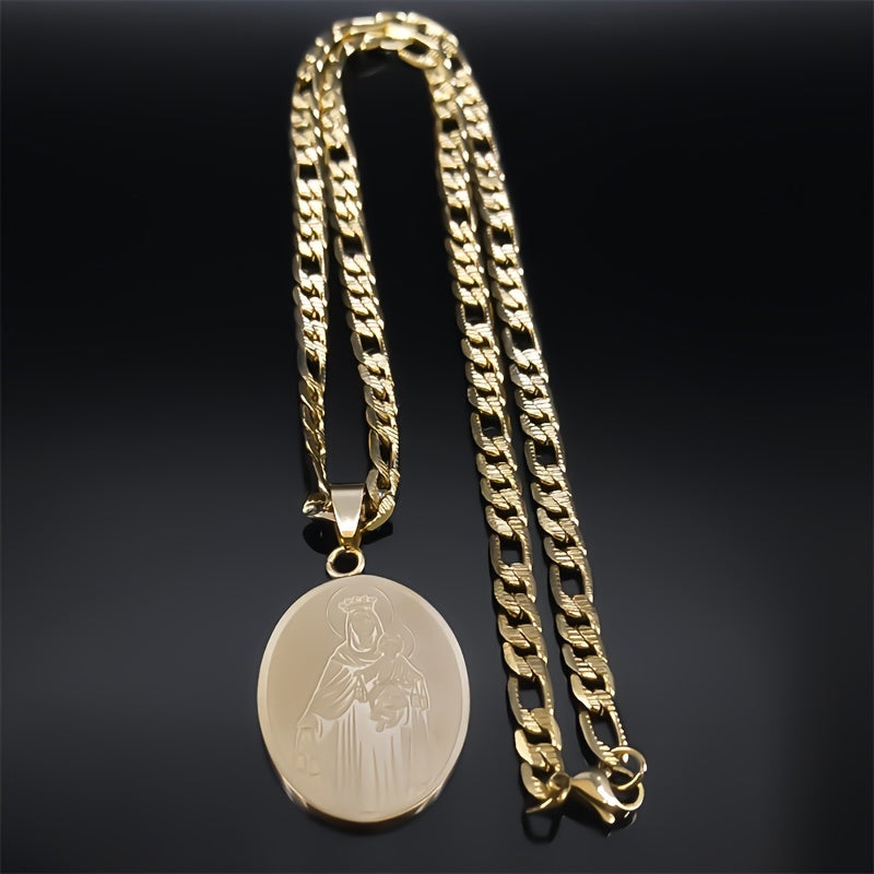 Classic Virgin Mary Pendant Necklace, Stainless Steel Golden Plated