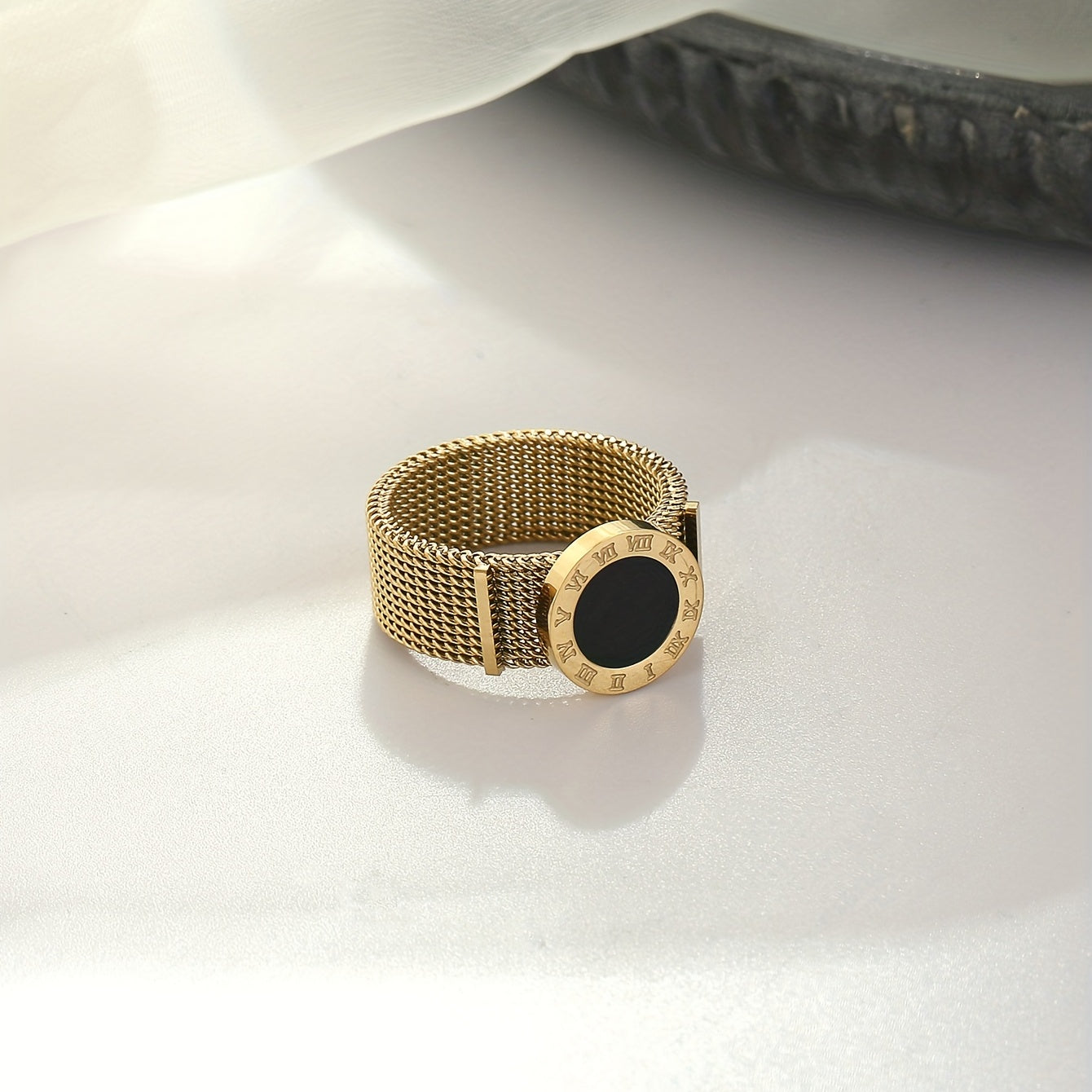 Plated Roman Numerals Black Shell Strap Ring For Women Girls Daily Wear