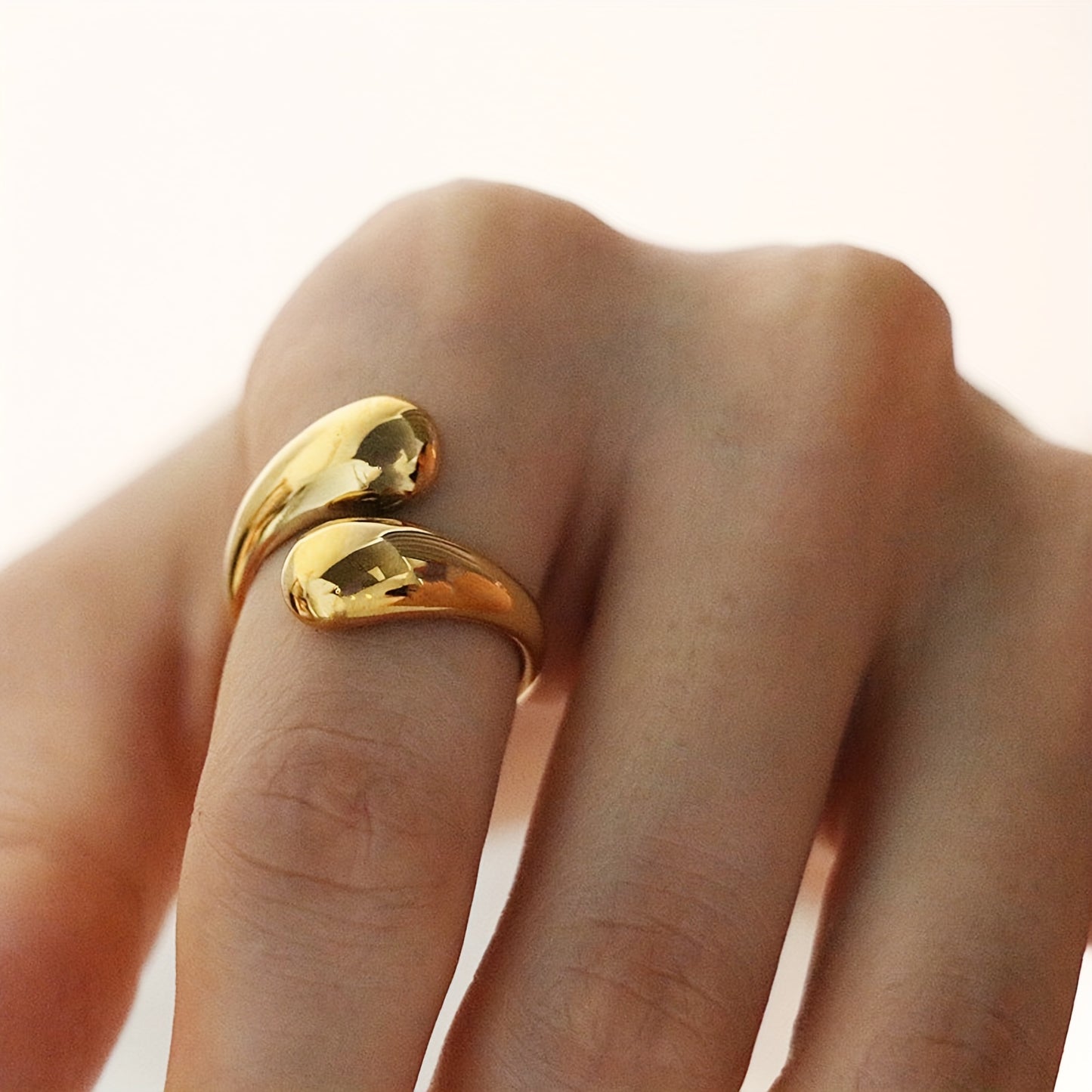 Elegant Golden-Tone Titanium Steel Open Ring - Chic Water Drop Design
