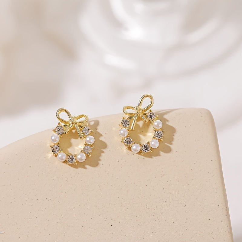 Tiny Delicate Bow With Wreath Design Stud Earrings