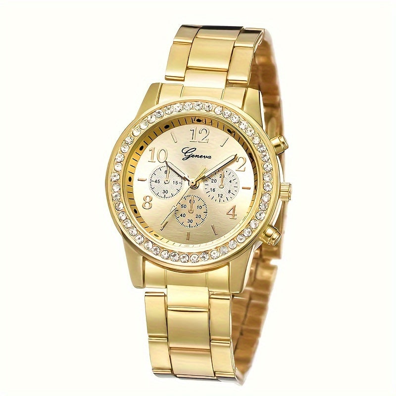 Ladies' Fashion Quartz Watch Golden Steel Strap Water Drill Simulated Wristwatch