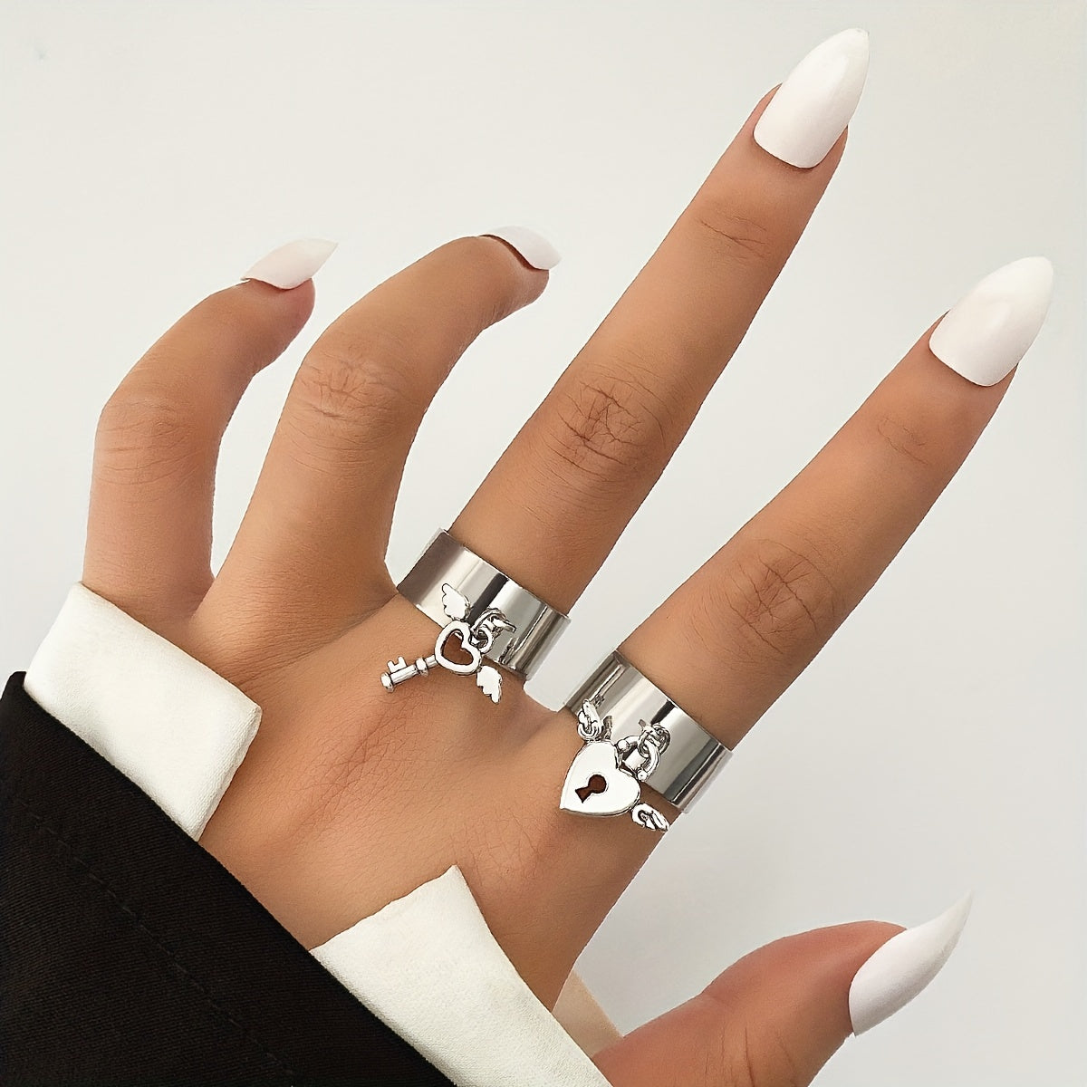 2pcs Fashion Wide Ring With Cute Key/ Lock Pendant Adjustable Cuff Ring