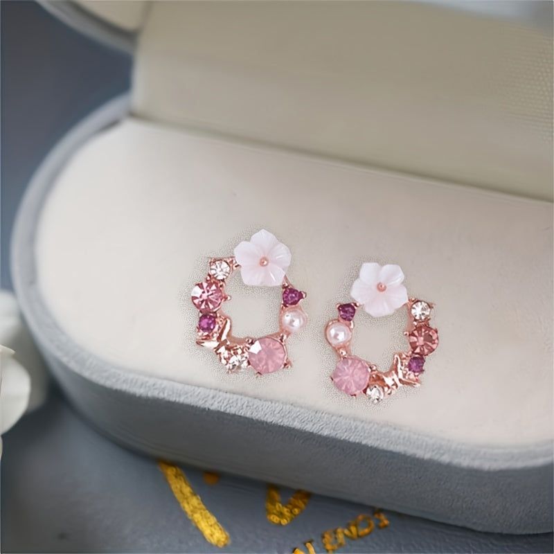 Elegant Faux Pearl Flower Stud Earrings Sweet Coquette Style Jewelry