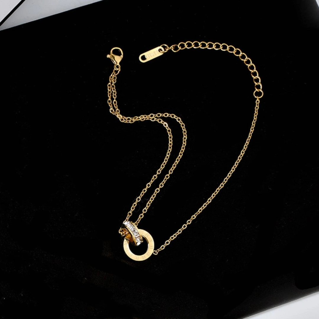 4pcs/set Stainless Steel Golden Faux Diamond Roman Numerals, Fashion Trendy Bracelet Necklace Earrings Jewelry Set